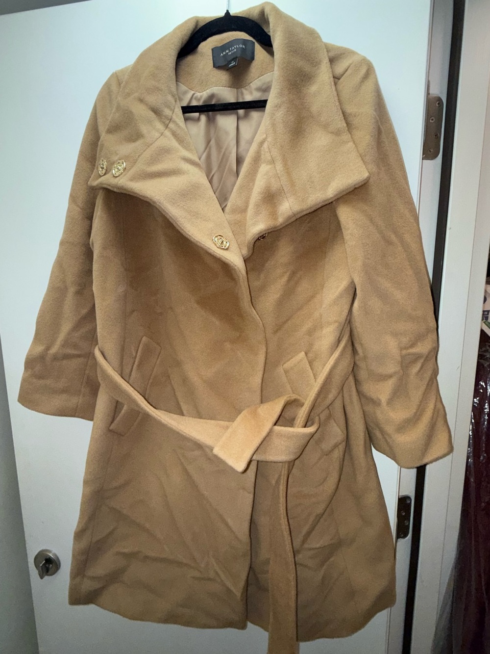 Anne Taylor Petite Tan Belted Trench Coat with Gold-Tone Buttons